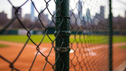 baseball field urban. Baseball field viewed through a chain-link fence with a blurred urban skyline in the background.