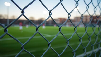 Fototapeta premium baseball field urban. A blurred view of a sports field through a chain-link fence, suggesting an active game or practice session.