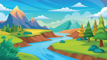 Cartoon Landscape of Mountains, River, Forest, and Sky Illustration in a Vector Style