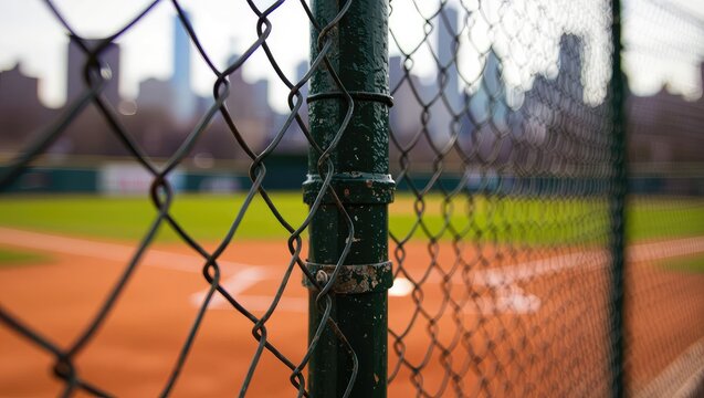 baseball field urban. Baseball field viewed through a chain-link fence with a blurred urban skyline in the background.
