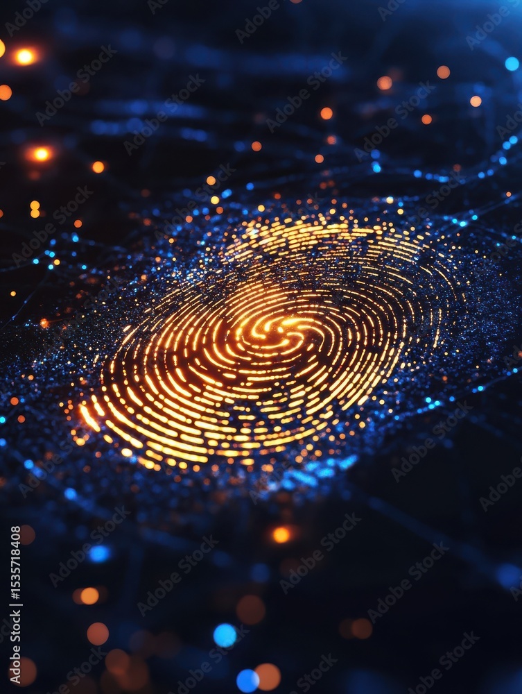 Aufkleber abstract digital fingerprint design with metallic effect and glowing light on dark background, symbo