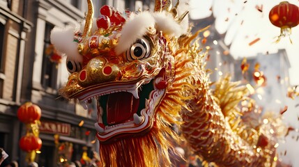 Obraz premium Ornate dragon costume head and body in a parade.
