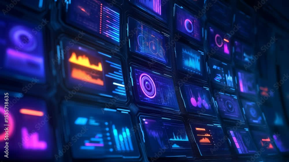 Aufkleber multiple digital screens with abstract graphs, charts, circular holograms in blue and purple neon co