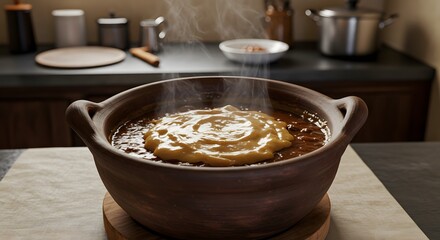 A clay pot of kare-kare with peanut sauce on a kitchen table
