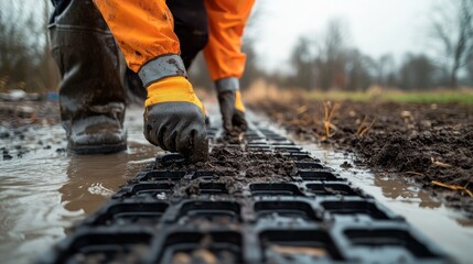 A person wearing gloves and boots installs a plastic ground reinforcement grid on muddy soil in an outdoor setting during overcast weather.