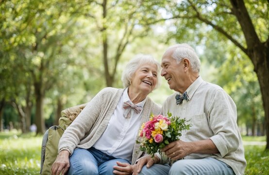 Happy senior couple rest in green park with flowers. Grandmother, grandfather laugh. Elderly people lifestyle. Romantic pensioners celebrate anniversary with bouquet. Mature man, woman relations - Powered by Adobe