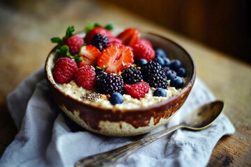 A nourishing bowl filled with oatmeal topped with a colorful variety of fresh berries, including strawberries, blueberries, raspberries, and blackberries, placed on a wooden table