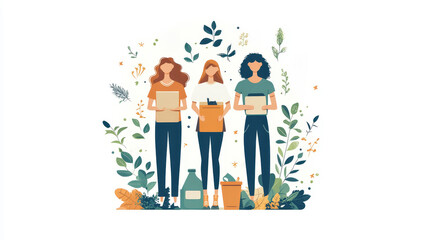 Three women standing with clipboards surrounded by plants and nature-themed elements, representing teamwork or environmental study.
