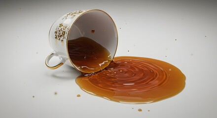 A toppled teacup with swirling tea ripple on a white surface