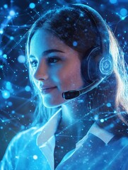 AI-Powered Virtual Assistant: Digital Hologram of a Customer Service Representative on a Blue Background