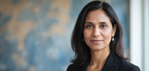 Portrait of confident mature mixed ethnic woman teacher in formal suit in office or classroom. Successful executive leader. Businesswoman in 40s with positive, diverse, smart look.