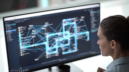 Woman analyzing complex system diagram displayed on a computer monitor