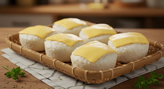 A woven tray of puto with cheese slices on a kitchen table