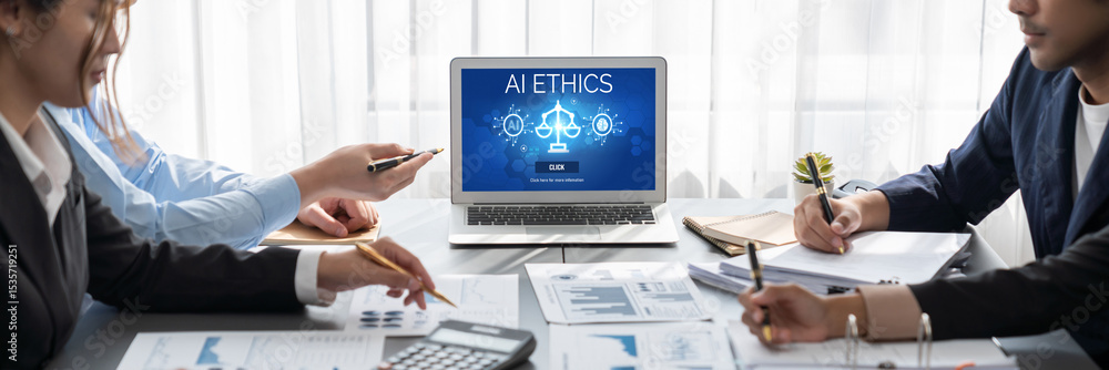 Poster ai ethics responsibility standard law and rules on computer screen provide report of ai ethic transp