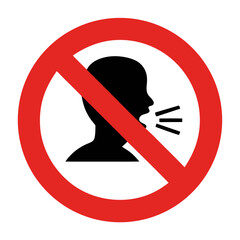 No loud talking sign, prohibition symbol, person speaking silently icon.  Silence required symbol, red circle prohibiting loud talking, person with mouth closed.