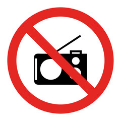 No radio sign, prohibiting use of radios, simple black and red icon. This prohibition sign is perfect for creating informative signage, public announcements, and safety instructions.