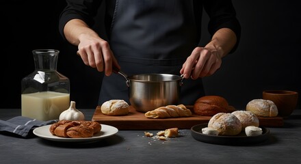 Baker preparing dough with milk, garlic, and a stainless steel pot on a dark surface.