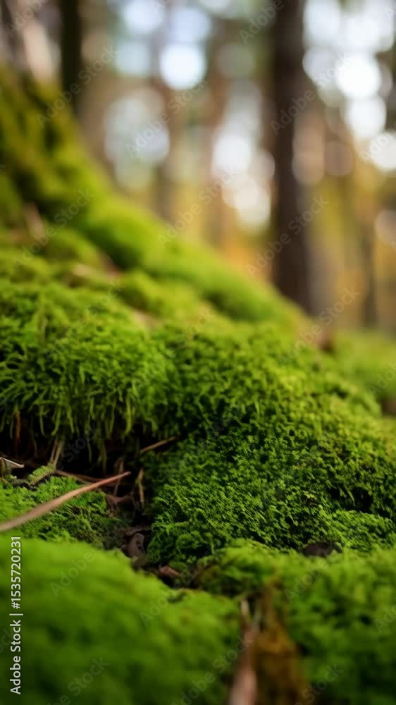 Poster mossy tree trunk in a peaceful forest with blurred trees in the background, creating a natural and s