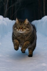 Fototapeta premium Fluffy Siberian Cat Running on Snow in Winter Forest