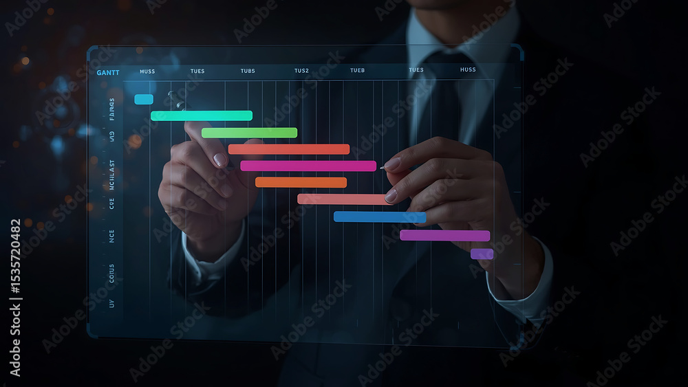Poster business project management and timeline scheduling. a professional business planning analyzing gant