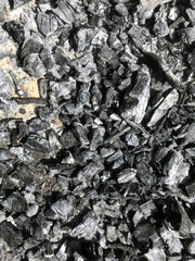 Charcoal fragments litter the ground under bright sunlight.