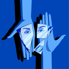 Female hands holding on palms shards of broken mirror with a reflection of a female eyes and lips. Vector Illustration in blue colors flat style