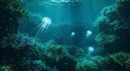 Fototapeta premium Graceful jellyfish drift serenely through a vibrant underwater world, creating a mesmerizing display of marine life and aquatic beauty.