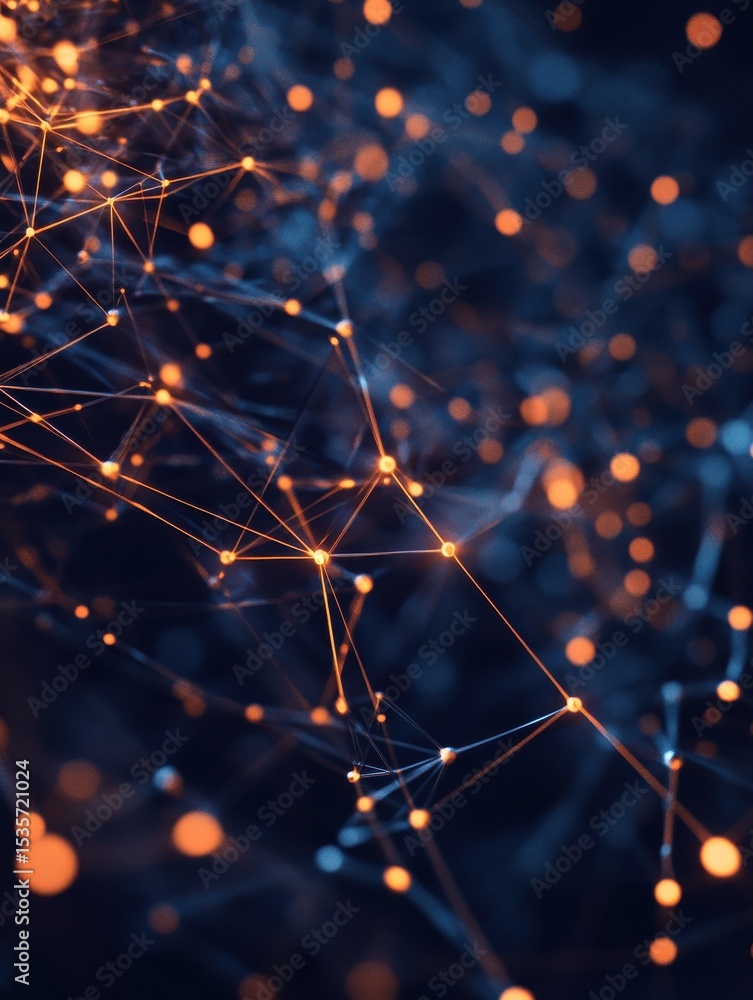 Poster the fabric of connectivity: a mesmerizing network of interconnected nodes glows against a dark backd