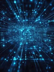 abstract futuristic technology background, glowing blue digital hub with radiating data lines against dark background. AI, data flow, centralized network, cybersecurity, virtual communication concept