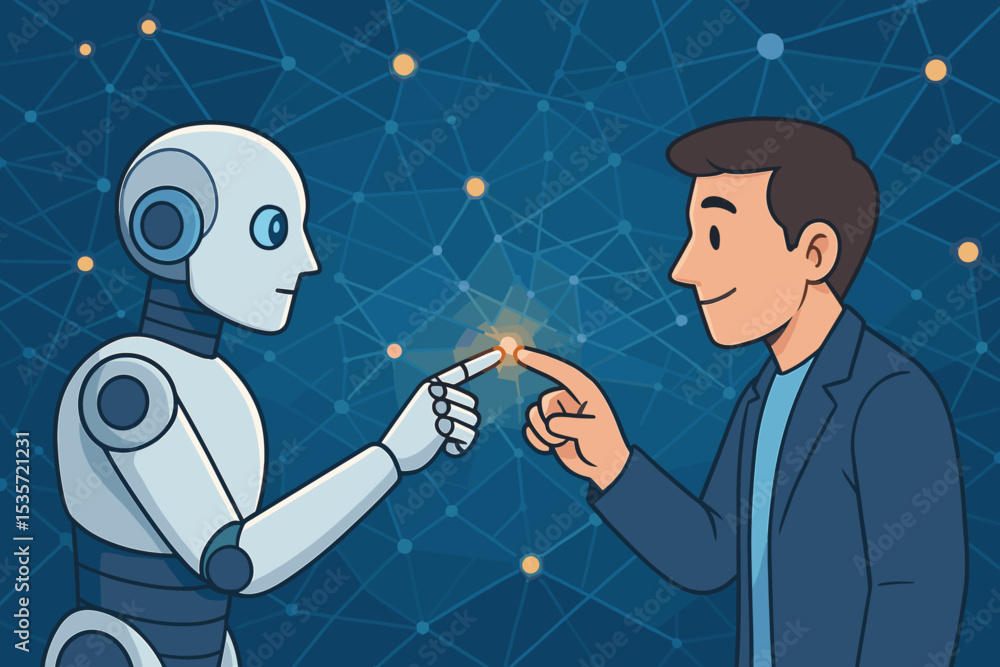 Aufkleber humanoid robot and man connecting fingers on a digital network background. concept of artificial int