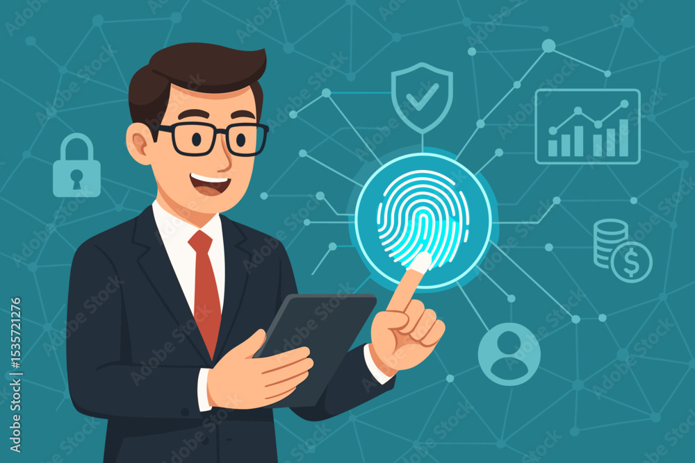 Poster businessman scanning fingerprint on digital tablet for secure access. biometric authentication conce