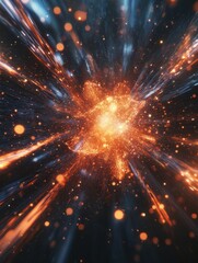 Fototapeta premium Futuristic digital art showing a burst of energy with glowing particles in motion, symbolizing quantum physics or data flow.