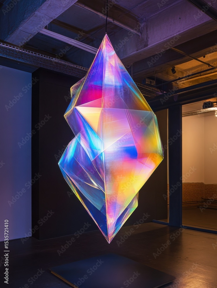 Poster a holographic installation displaying a rotating abstract form suspended in mid-air.