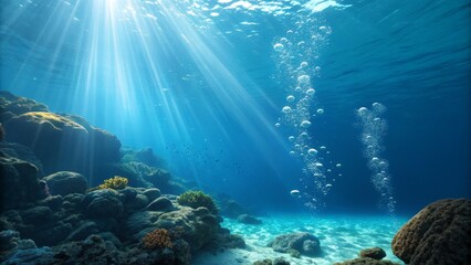 Sunbeams Illuminate Underwater Coral Reef Scene, Wide Shot, Ocean Floor, Bubbles, Marine Life Underwater Photography,Ocean Life