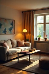 A cozy living room scene featuring comfortable furniture, warm lighting, and personal items, suggesting a sense of relaxation and home , quiet, lamp, domesticity