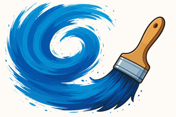 Paint brush with blue paint stroke in a swirling wave shape. Vector illustration for artistic, creative concepts. Symbol for painting, renovation, DIY, art, and home improvement.