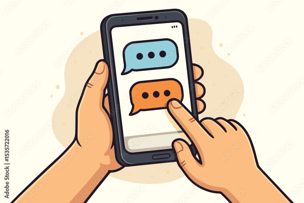 Poster hand holding smartphone sending a text message. person using chat application on a mobile phone. onl