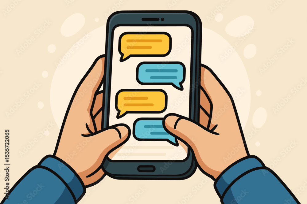 Poster hands holding smartphone with chat message bubbles on screen. person texting using a mobile phone ap
