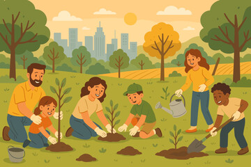 Happy diverse community of volunteers planting trees in a city park. Family and children working together on environmental conservation. Sustainability and green city concept vector.