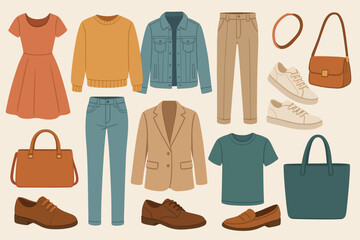 Vector collection of modern casual clothing and accessories. Basic capsule wardrobe for men and women. Fashion set with dress, sweater, jeans, jacket, shoes, bags. Apparel icons.