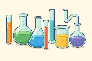 Chemistry lab equipment vector illustration. Set of glassware including test tubes, beakers, flasks with colorful chemical liquids. Science experiment, research, discovery concept.