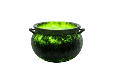 Witchs spell cauldron bubbling with neon green potion in a mystical magical setting isolated on transparent background PNG