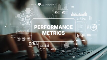 Hands Typing on Laptop Amidst Performance Metrics and Data Visualization Graphics in Modern Workspace Environment. Asymptotic smart data analytic.