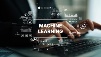 Obraz na płótnie Canvas Hands Typing on Keyboard with Machine Learning Concept Illustrations and Data Visualizations in Background. Asymptotic smart data analytic.