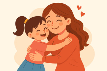 Loving mother and daughter embracing in a warm hug. Happy family concept for Mother's Day. Cute cartoon characters showing affection and love. Mom and child bonding vector illustration.
