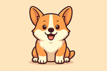 Cute Corgi puppy cartoon character smiling. Happy Pembroke Welsh Corgi dog sitting. Adorable pet animal vector illustration for kids. Kawaii mascot logo design element concept.