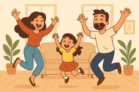Happy family jumping for joy at home. Mother, father, and daughter celebrating together. Parents and child having fun in living room. Joyful lifestyle cartoon vector illustration. - Powered by Adobe