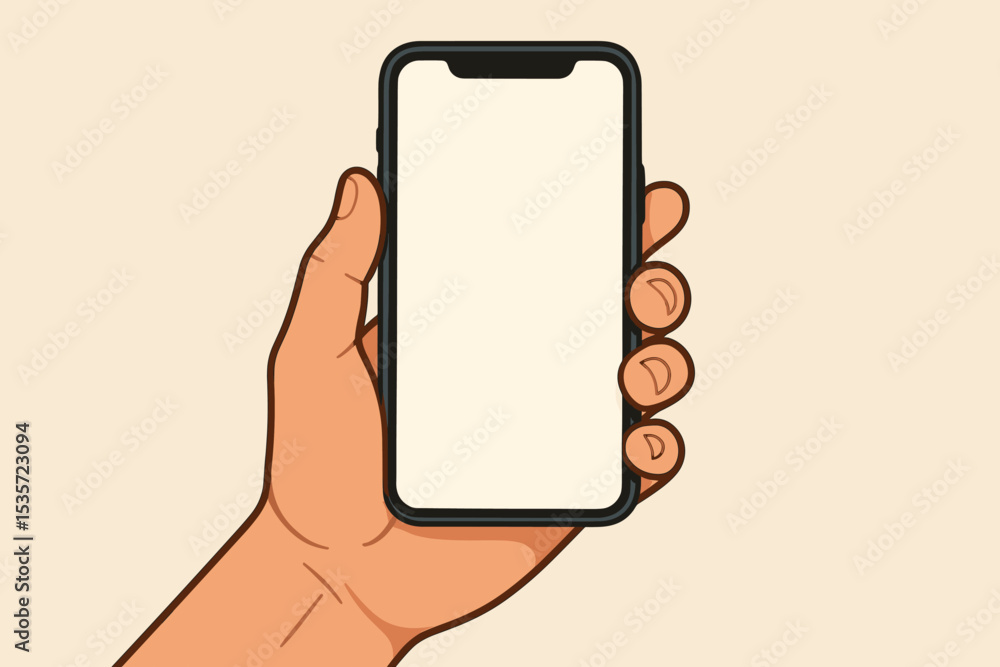 Poster hand holding smartphone with blank screen. mobile phone mockup for app presentation. vector illustra