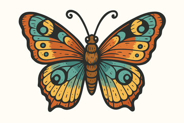 Traditional old school butterfly tattoo design. Retro insect vector illustration with vibrant colors. Vintage style moth graphic isolated on white background for print or sticker.