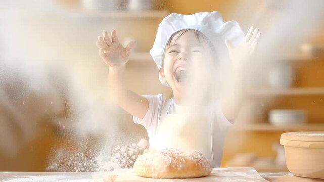 Preschool girl in white chef hat throws flour with excitement, laughing while baking in kitchen. Flour cloud surrounds bread dough. Bright warm kitchen background